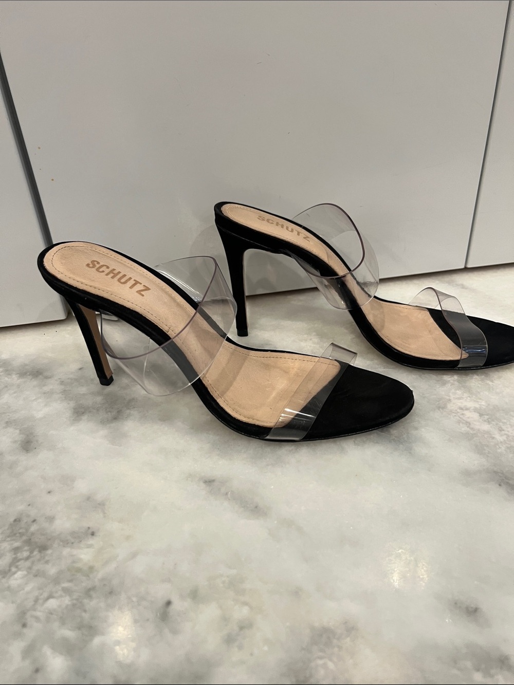 SCHUTZ Black and Clear PVC Strap Stiletto Mules